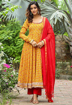 Printed Pure Crepe Aline Suit in Mustard