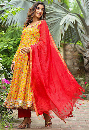 Printed Pure Crepe Aline Suit in Mustard