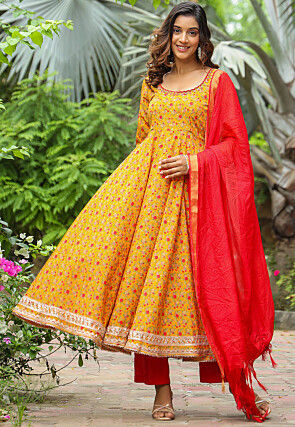 Printed Pure Crepe Aline Suit in Mustard