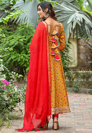 Printed Pure Crepe Aline Suit in Mustard