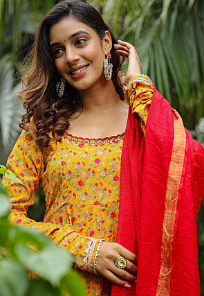 Printed Pure Crepe Aline Suit in Mustard