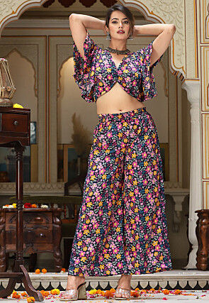 Printed Pure Crepe Co Ord Set in Black and Multicolor