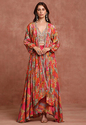 Printed Pure Crepe Crop Top Set in Multicolor