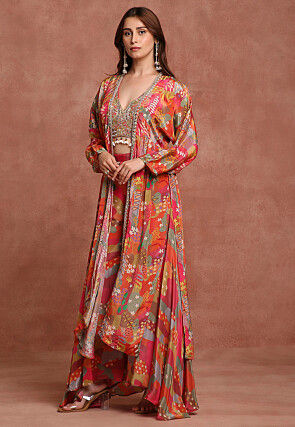 Printed Pure Crepe Crop Top Set in Multicolor