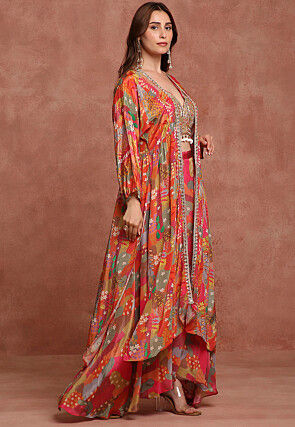 Printed Pure Crepe Crop Top Set in Multicolor