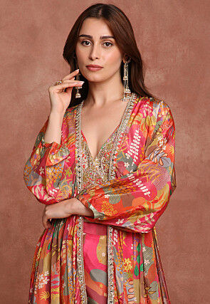 Printed Pure Crepe Crop Top Set in Multicolor