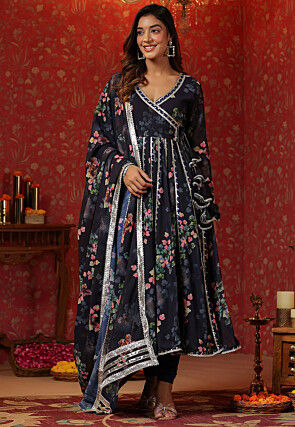 Printed Pure Georgette Aline Suit in Navy Blue