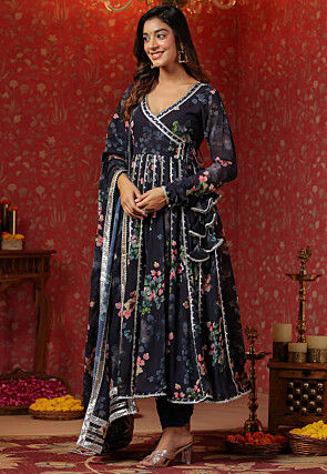 Printed Pure Georgette Aline Suit in Navy Blue