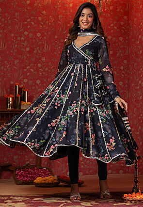 Printed Pure Georgette Aline Suit in Navy Blue