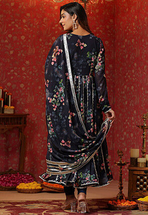 Printed Pure Georgette Aline Suit in Navy Blue