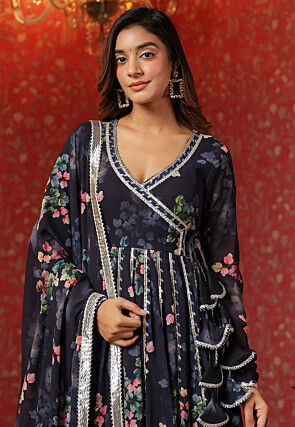 Printed Pure Georgette Aline Suit in Navy Blue