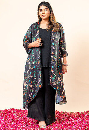 Printed Pure Georgette Crush Top Set in Black
