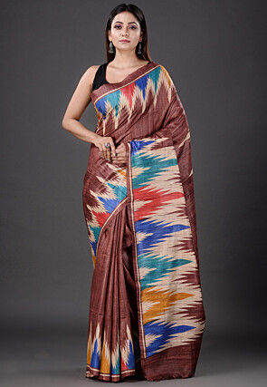 Printed Pure Ghicha Silk Saree in Brown
