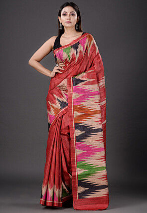 Printed Pure Ghicha Silk Saree in Red
