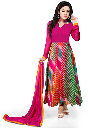 Printed Pure Kota Tissue Anarkali Suit in Multicolor 