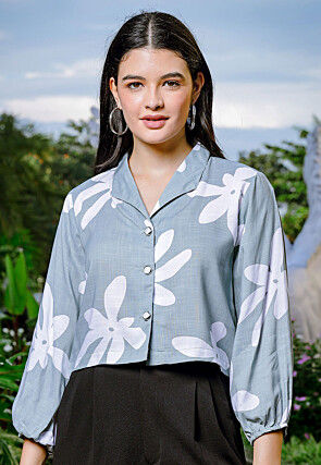 Printed Pure Linen Crop Top in Grey