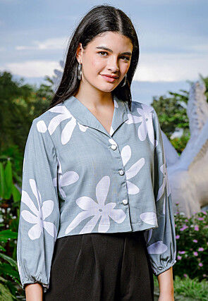 Printed Pure Linen Crop Top in Grey