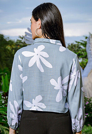 Printed Pure Linen Crop Top in Grey