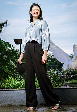 Printed Pure Linen Crop Top in Grey