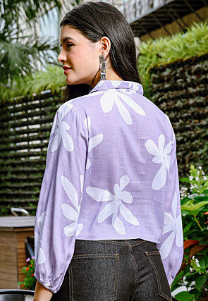 Printed Pure Linen Crop Top in Light Purple