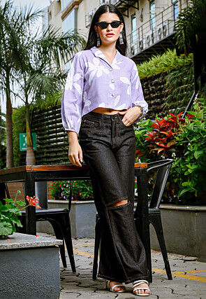 Printed Pure Linen Crop Top in Light Purple