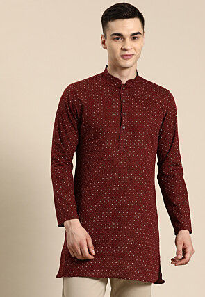Printed Pure Linen Short Kurta in Maroon