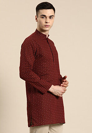 Printed Pure Linen Short Kurta in Maroon