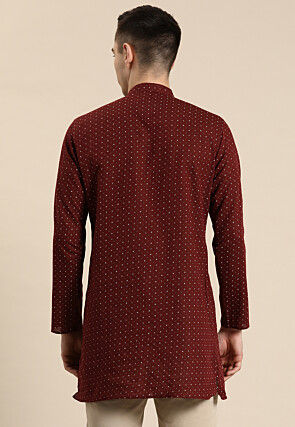 Printed Pure Linen Short Kurta in Maroon