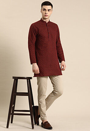 Printed Pure Linen Short Kurta in Maroon