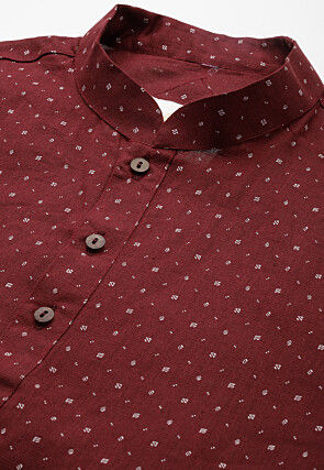 Printed Pure Linen Short Kurta in Maroon