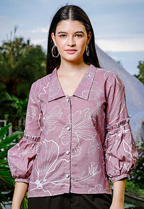 Printed Pure Linen Top in Dusty Purple