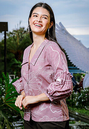 Printed Pure Linen Top in Dusty Purple