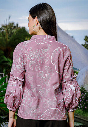 Printed Pure Linen Top in Dusty Purple