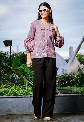 Printed Pure Linen Top in Dusty Purple