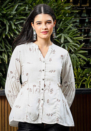 Printed Pure Linen Top in Off White