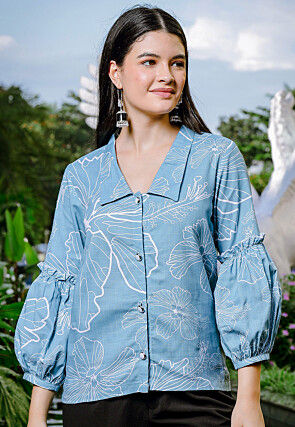 Printed Pure Linen Top in Sky Blue