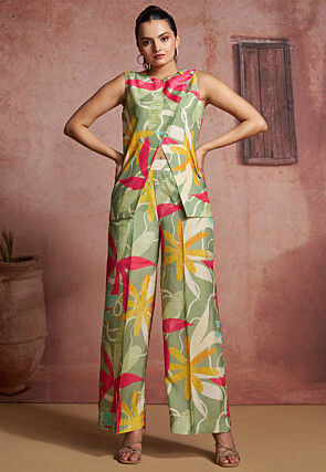 Printed Pure Muslin Silk Asymmetric Cord Set in Pastel Green