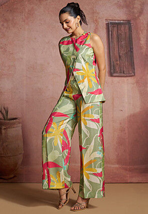 Printed Pure Muslin Silk Asymmetric Cord Set in Pastel Green
