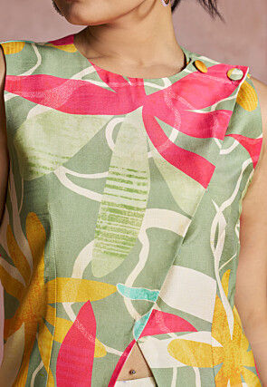 Printed Pure Muslin Silk Asymmetric Cord Set in Pastel Green