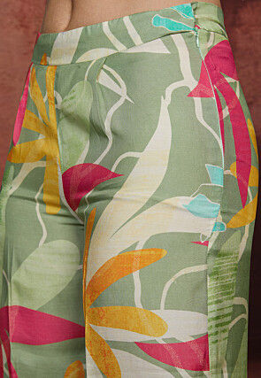Printed Pure Muslin Silk Asymmetric Cord Set in Pastel Green