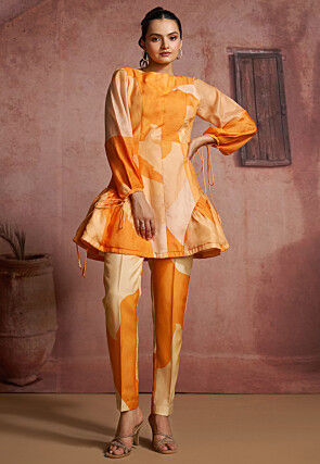 Printed Pure Muslin Silk Cord Set in Orange