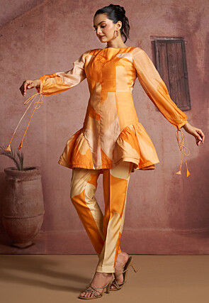Printed Pure Muslin Silk Cord Set in Orange