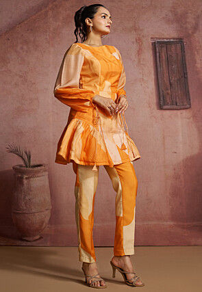 Printed Pure Muslin Silk Cord Set in Orange
