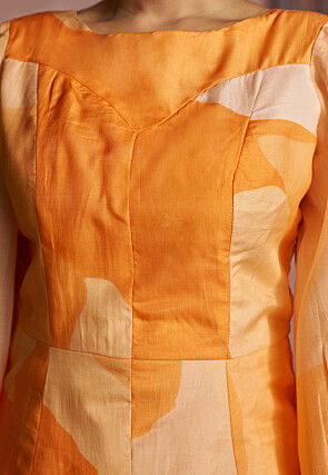Printed Pure Muslin Silk Cord Set in Orange