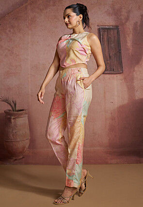 Printed Pure Muslin Silk Crop Top Set in Off White