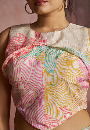 Printed Pure Muslin Silk Crop Top Set in Off White