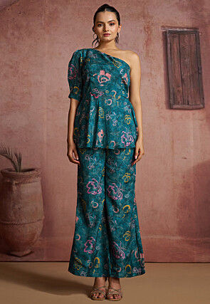 Printed Pure Muslin Silk Peplum Kurti Set in Teal Blue