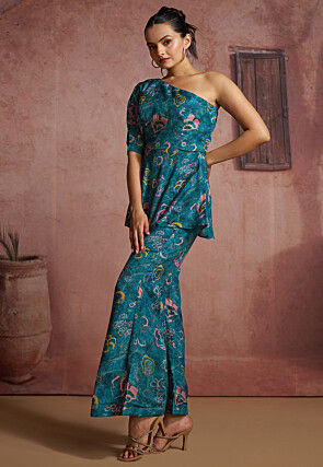 Printed Pure Muslin Silk Peplum Kurti Set in Teal Blue