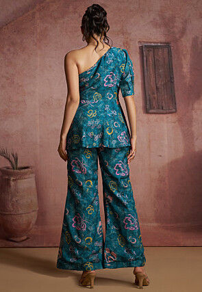 Printed Pure Muslin Silk Peplum Kurti Set in Teal Blue