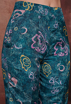 Printed Pure Muslin Silk Peplum Kurti Set in Teal Blue